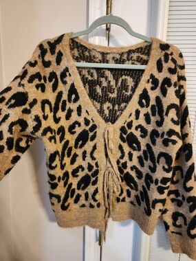 Leopard-Print Tie Front Cardigan Sweater - Beige/Black